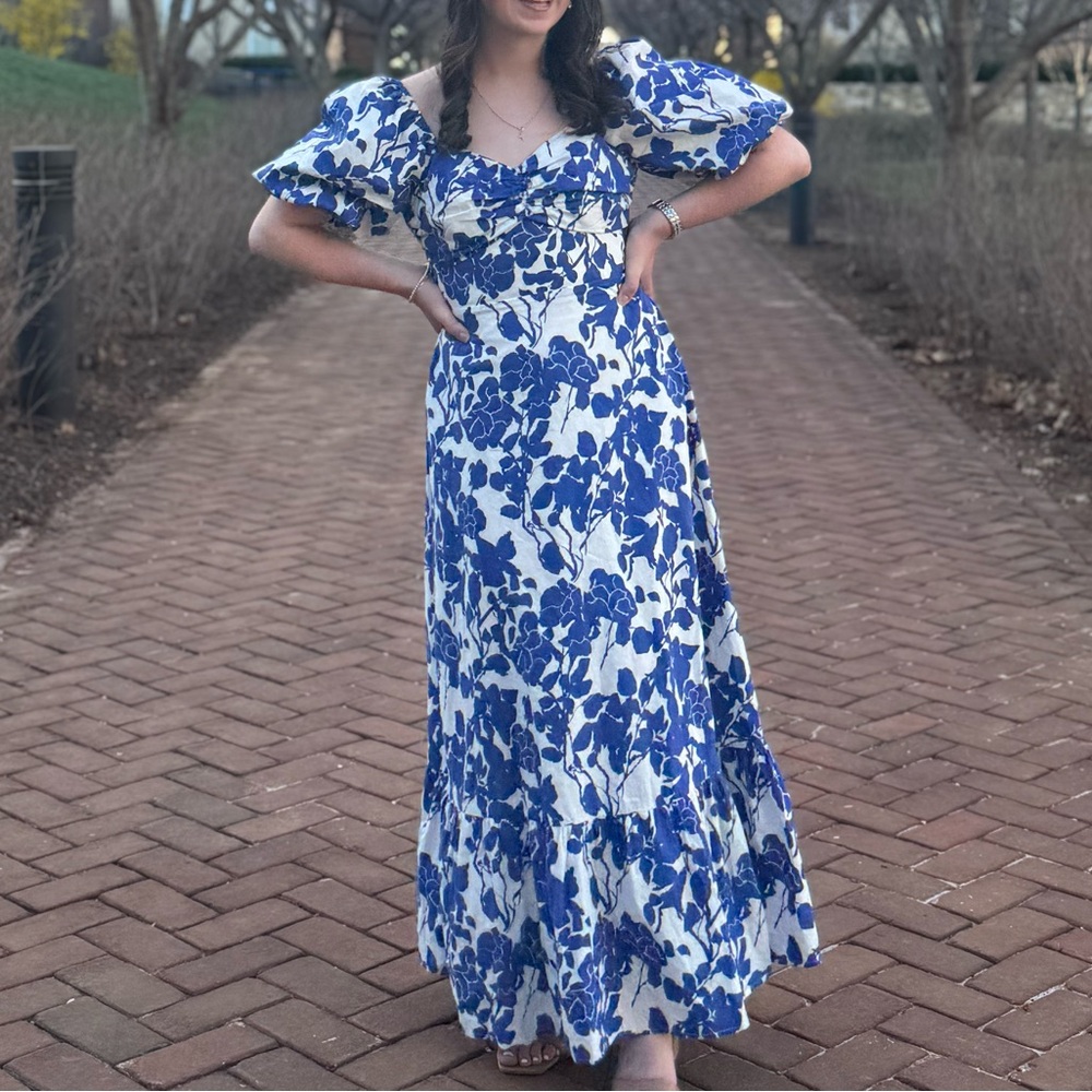 Hyacinth House Tuckernuck Blue Floral Seaport Maxi Dress Puff Sleeves XS